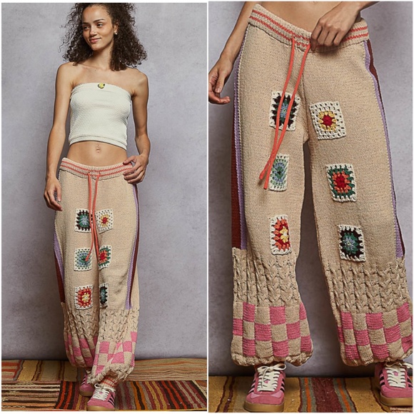 POL Tan Chenille Granny Square Stretchy Waist Jogger pants - Picture 3 of 4